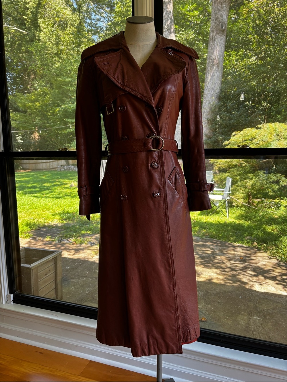 Classic Brown Leather Trench Coat - Women's Double-Breasted